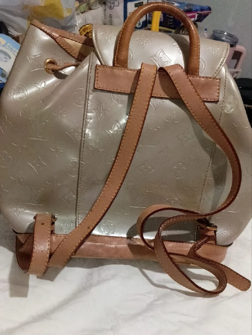 Louis Vuitton Metallic Taupe Drawstring Monogram Backpack with Tan Trim